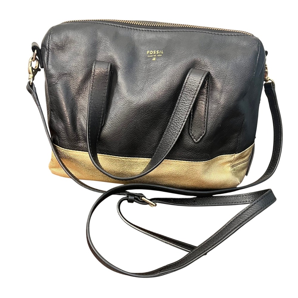 Fossil Sydney Satchel Black Metallic Gold Leather Crossbody Bag Vintage Rare